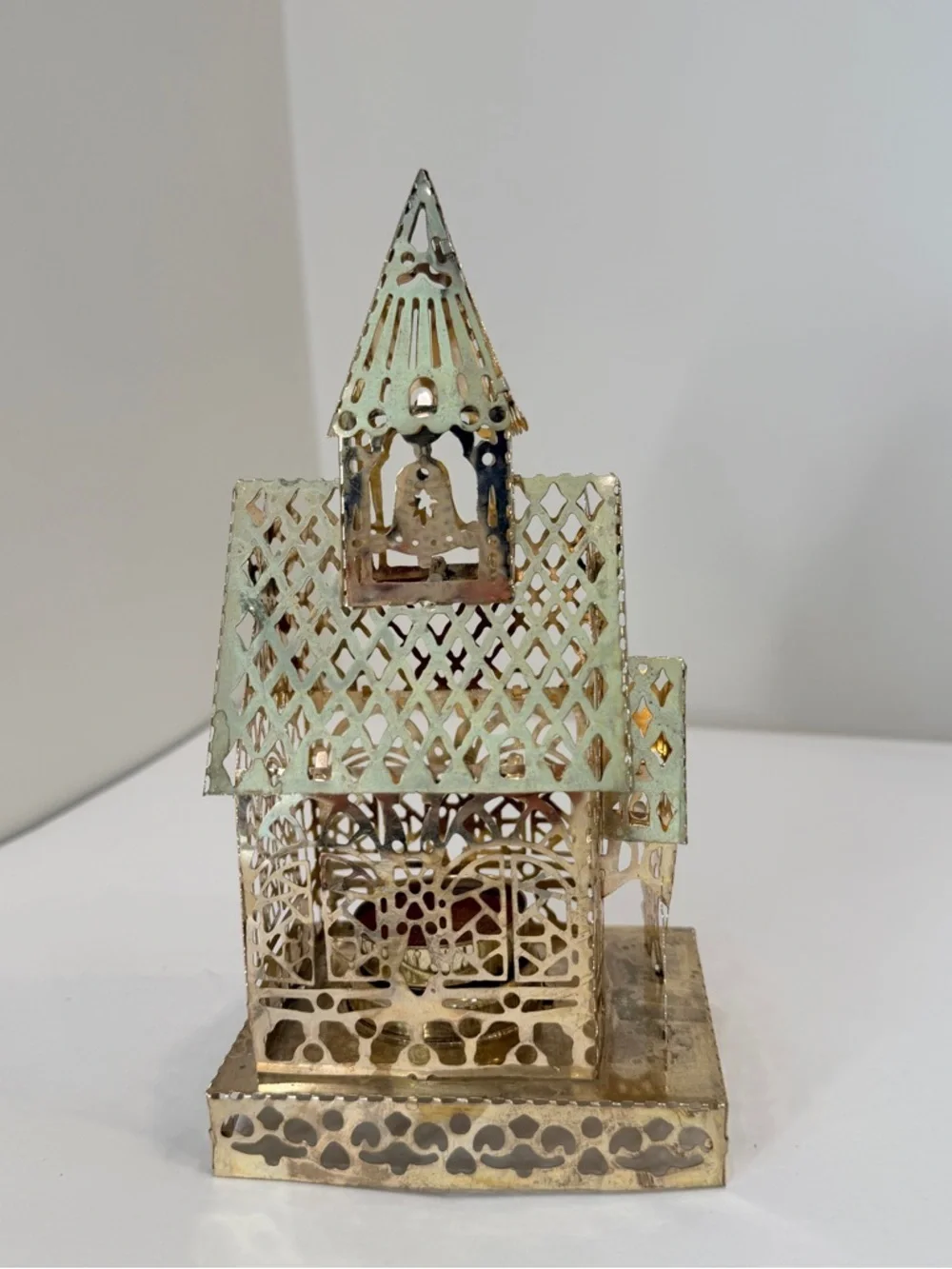Vtg Brass Filigree Church Tea Light Votive Candle Holder 7.5